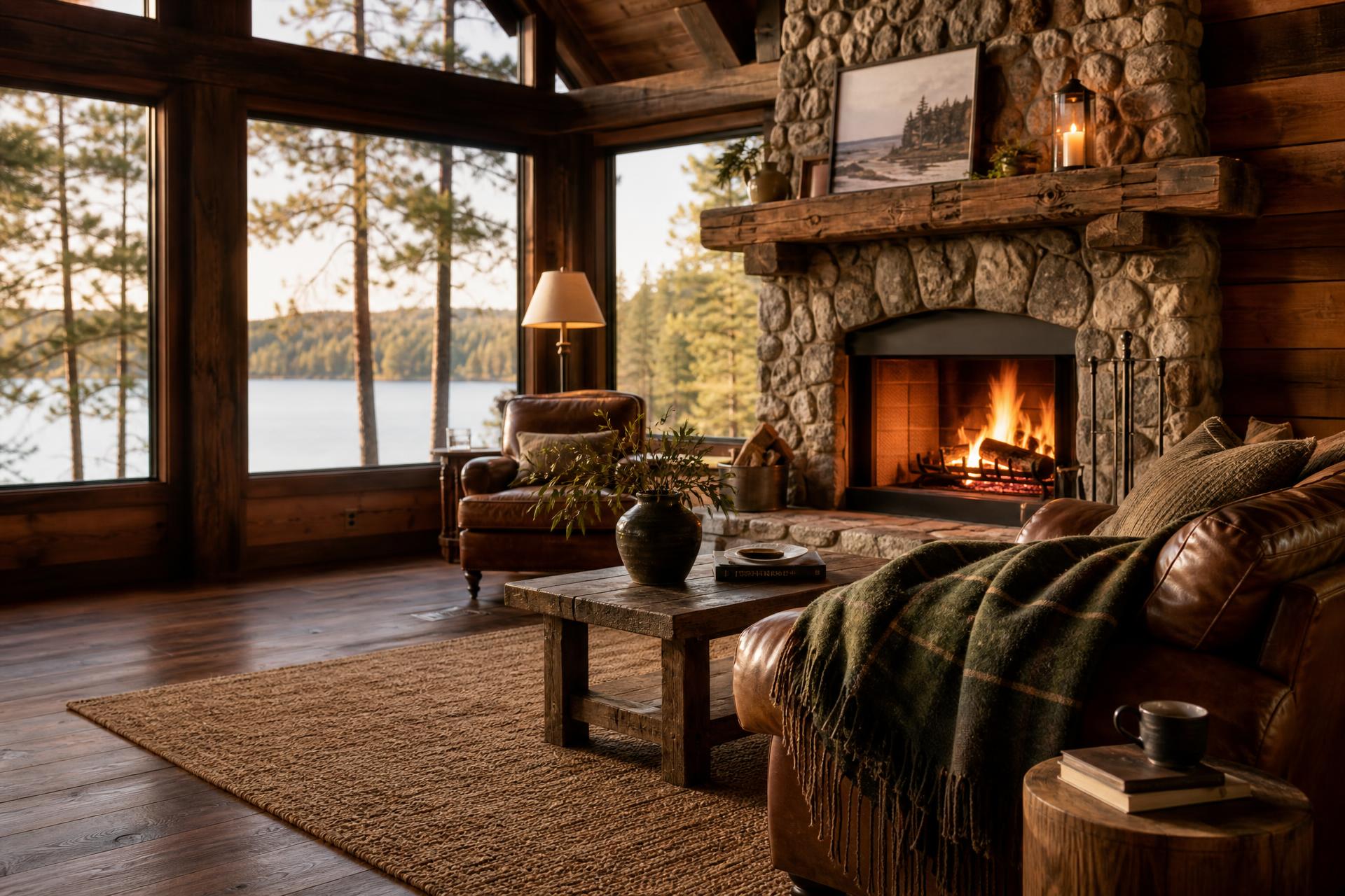 Cozy cabin living room with a glowing stone fireplace and a green plaid blanket draped over a leather sofa