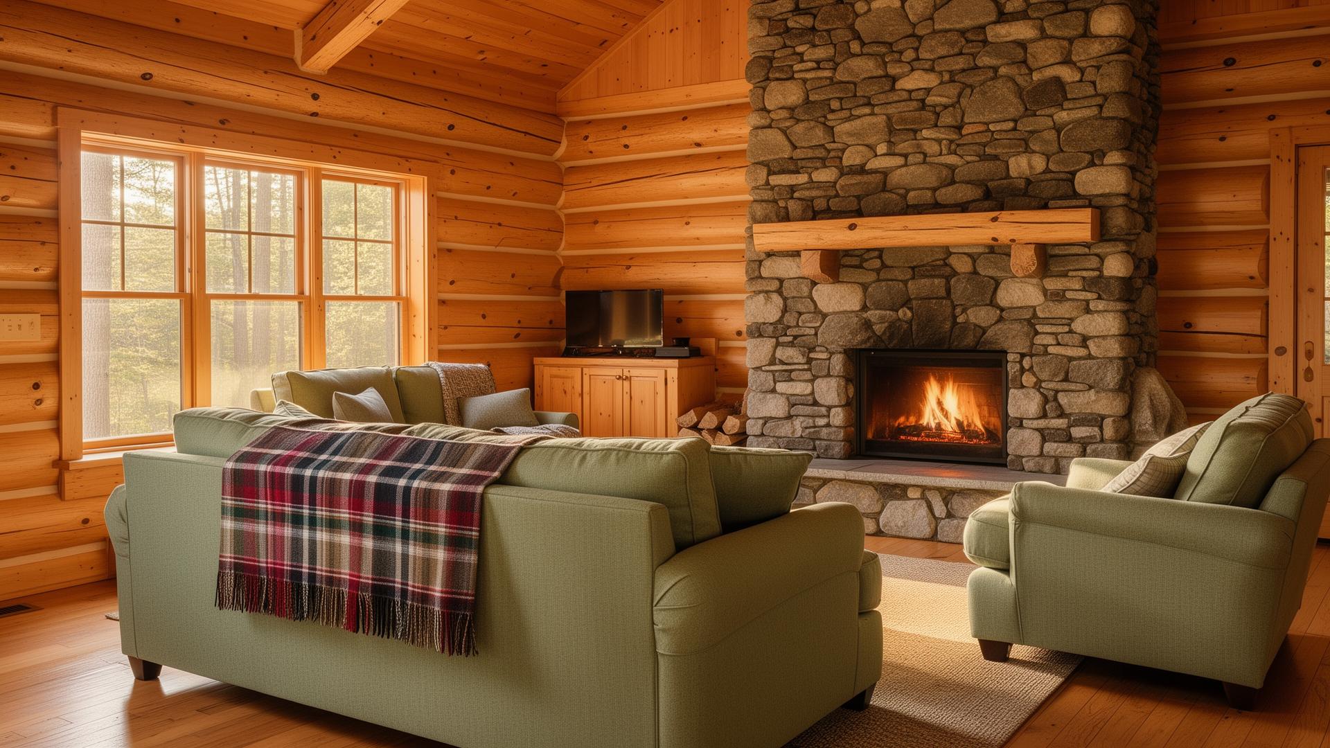Warm, freshly cleaned Northwoods log cabin interior with stone fireplace